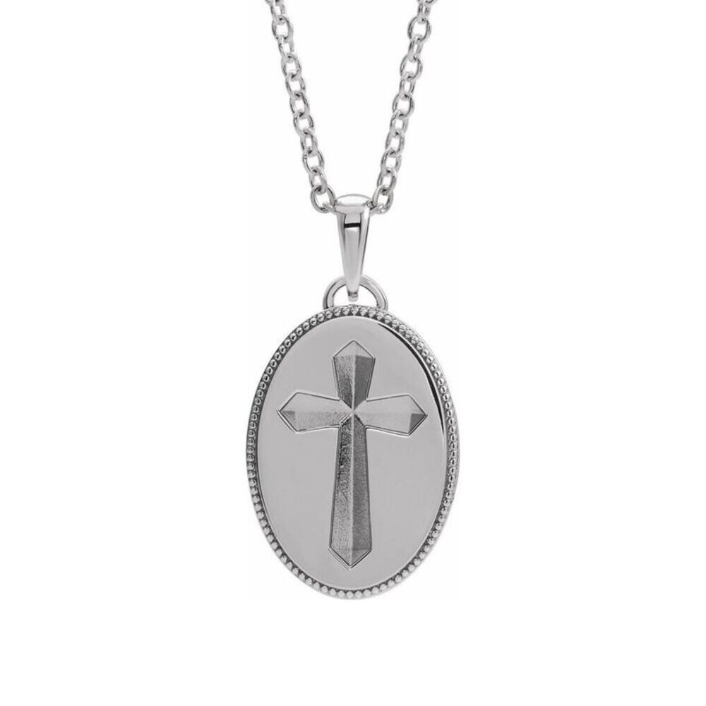 Sterling Silver Oval Embossed Cross Medal Necklace, 20 Inch